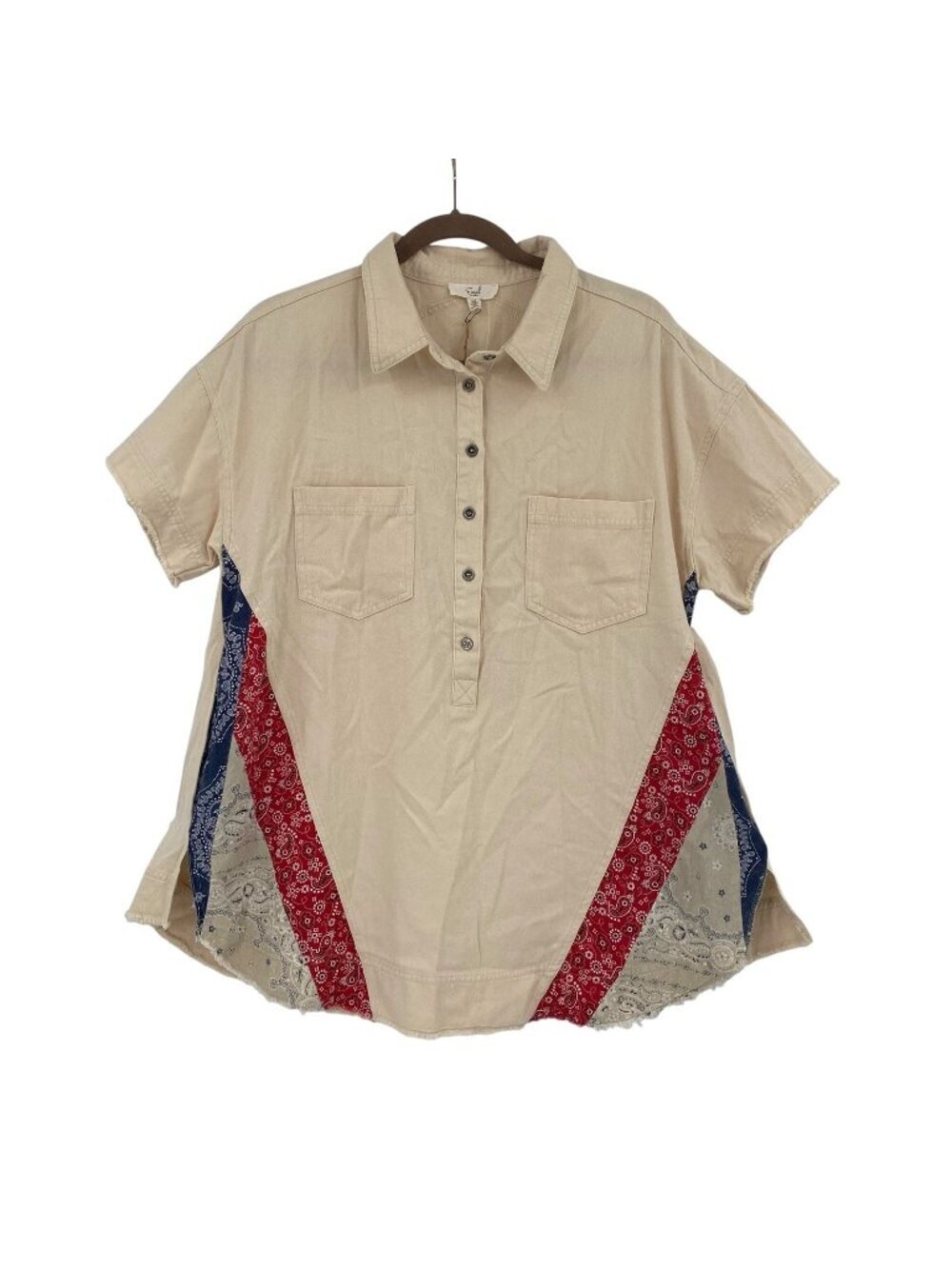 EASEL Size M Natural Denim Mixed Media Bandana Button Collared Pockets Top USA